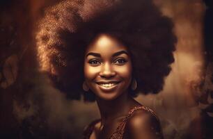 Portrait of an African smiling woman with curly hair. photo