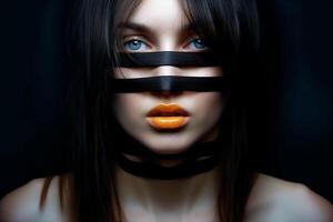 Freedom of speech, ethereal eternal forced muffled, A young girl's mouth crossed with sticky tape. photo