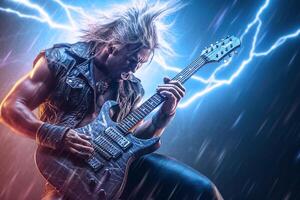 Rock guitarist, metal rockstar playing guitar with lightning on the strings. photo