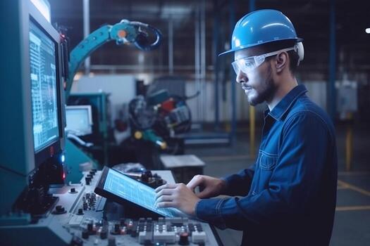 A male engineer in a construction helmet controls work processes through a computer. photo
