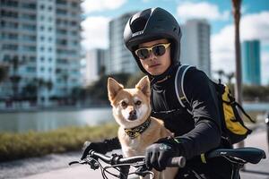 A young man on a bicycle with his dog. photo