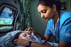 Tamil Nadu nursing student practices CPR on a mannequin. photo