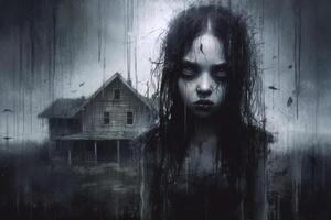 Horror, a demon girl peeking out of the darkness against the backdrop of an old wooden house. photo