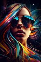 Colorful poster of a fashionable girl with sunglasses, art. photo