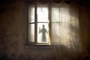 A translucent Ghost in the window of an old house, in the style of meticulous surrealism. photo