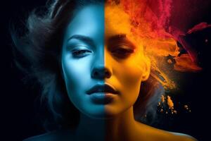 Emotions in faces and colors. Emotional woman with colorful colors emphasizing the emotional state. photo