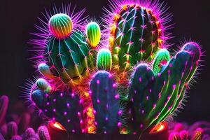 Cactus in neon light, acid cactus. photo