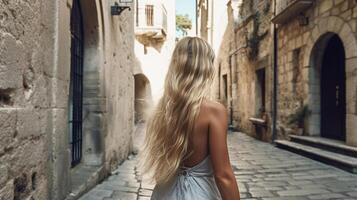 A young blonde girl walking around in Avignon near the Palace of the Popes, view from the back. photo