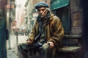 Homeless man on the streets of New York, portrait painted in watercolor on textured paper. Digital Watercolor Painting. photo