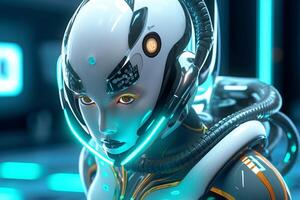 Robot vacuum cleaner in the form of a woman with big eyes on the charge, art. photo