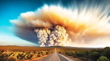 Dramatic landscape with heavy fire and puffs of smoke in Western Australia, bushfire. photo