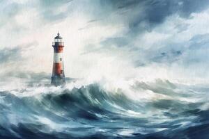 Lighthouse during a storm, seascape painted with watercolors on textured paper. Digital Watercolor Painting. photo