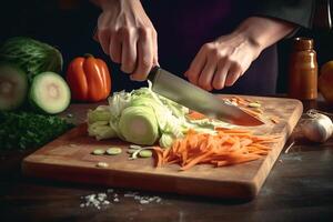 Chef. Human hands chopping vegetables with a knife on the kitchen table. photo