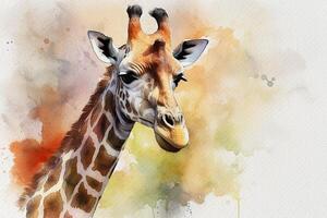 Giraffe, portrait of an animal looking straight ahead, watercolor painting on textured paper. Digital watercolor painting. photo