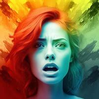 Emotions in faces and colors. Emotional woman with colorful colors emphasizing the emotional state. photo