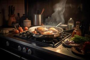 A mouthwatering dish of pan-fried chicken legs in the kitchen. Chef. photo