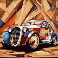 Picasso-style retro car. Art poster. photo