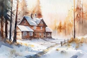 Landscape snowy cold winter with houses under the snow in the woods, painting painted in watercolor on textured paper. Digital watercolor painting. photo