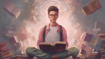 Student guy meditating before an exam. photo