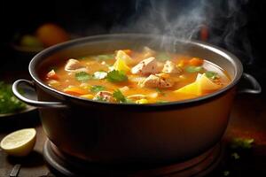 A mouthwatering dish, chicken stew soup in a pot in the kitchen. Chef. photo