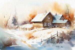 Landscape snowy cold winter with houses under the snow in the woods, painting painted in watercolor on textured paper. Digital watercolor painting. photo