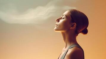 Young girl breathing in air, portrait in profile. Meditation. photo