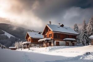 A mountain luxury hotel, a ski hotel against a backdrop of snow-capped mountains. photo