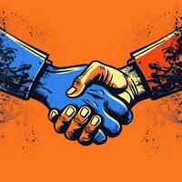 Handshake. Partnership, art illustration a in orange and blue. photo