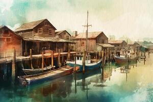 Harbor, retro harbor with boats and pier, seascape painted with watercolors on textured paper. Digital Watercolor Painting. photo