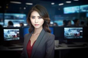 Korean young girl in the office. TV hostess girl in the studio. photo