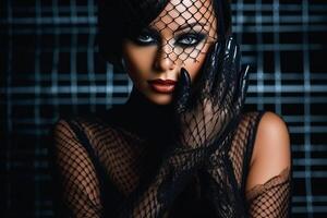 Evil woman, very beautiful and gorgeous, wearing fishnet gloves and long dress, tanned and toned body, captivating look. photo