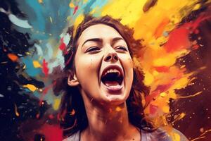 Emotions in faces and colors. Emotional woman with colorful colors emphasizing the emotional state. photo