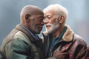 Two happy older men hugging each other, one black, the other Caucasian, gay, LGBT. photo