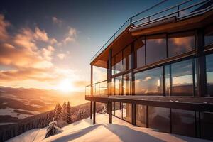 A mountain luxury hotel, a ski hotel against a backdrop of snow-capped mountains. photo