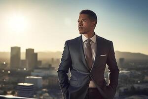 A dark-skinned businessman in an office suit looks out over a city of skyscrapers from his office. photo
