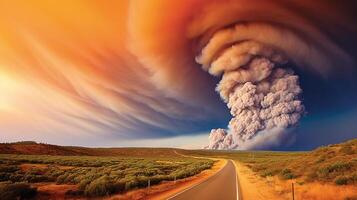 Dramatic landscape with heavy fire and puffs of smoke in Western Australia, bushfire. photo