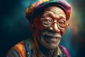 Portrait of an elderly dark-skinned smiling grandfather with glasses. The youth of the soul. photo