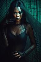 Evil woman, very beautiful and gorgeous, wearing fishnet gloves and long dress, tanned and toned body, captivating look. photo