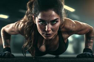 Fitness, sports girl pushing up from the floor, portrait front view. photo