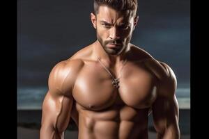 retrato de un fuerte muscular hombre, el torso de un hombre. generativo ai foto