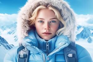 A blonde-haired girl with blue eyes in the mountains in winter in a winter jacket with a hood. Mountain resort. photo