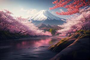 Spring, cherry blossoms, pink and white buds and cherry blossoms on the background of the mountain and river. Spring background. photo