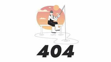 pescar en puesta de sol bw 404 animación. animado africano americano pescador en muelle. vacío estado 4k vídeo concepto imágenes, alfa canal transparencia. monocromo error destello mensaje para web ui diseño video