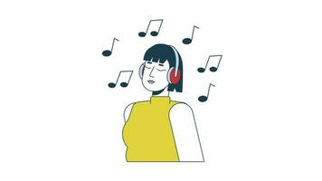 asiatisch Mädchen Musik- Animation. animiert isoliert 2d Kopfhörer jung Frau. melomanisch. Karikatur Farbe eben Linie Charakter 4k Video Filmaufnahme, Weiß Hintergrund, Alpha Kanal Transparenz zum Netz Design