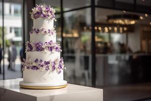 Large wedding cake on the table in the banquet hall. photo
