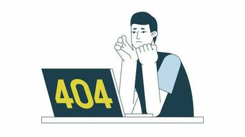 ordenador portátil frustración 404 animación. asiático joven estudiante estresado. vacío estado 4k vídeo concepto imágenes con alfa canal transparencia. contorno color página no encontró destello mensaje para ui, ux web diseño video