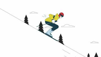 Skiing downhill animation. Animated freeskier holding ski sticks 2D cartoon flat colour line character. Skiing resort 4K video concept footage on white with alpha channel transparency for web design