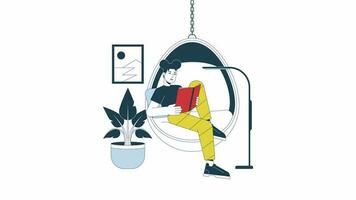 Reading in hanging chair animation. Animated isolated 2D asian woman reading book. Cartoon colour flat line character 4K video footage, white background, alpha channel transparency for web design