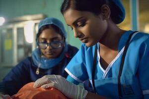 Tamil Nadu nursing student practices CPR on a mannequin. photo