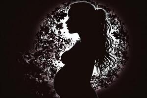 silueta de un embarazada mujer en un oscuro antecedentes. generativo ai foto